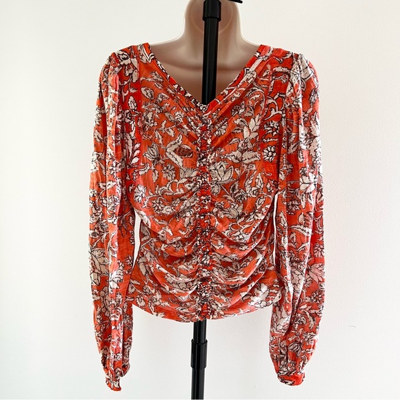 Free People Ruched Long Sleeve Top Size Large Orange White Floral V Neck - Picture 2 of 13